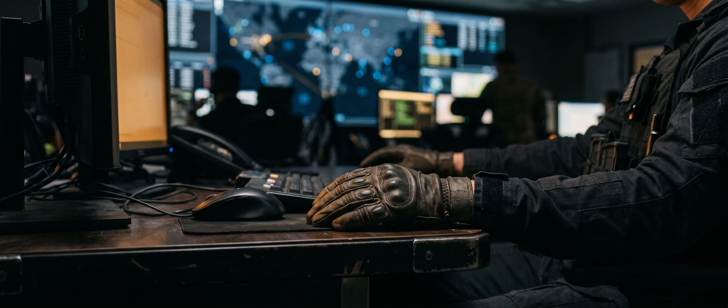 Operator console close-up — gloved hand on touchscreen