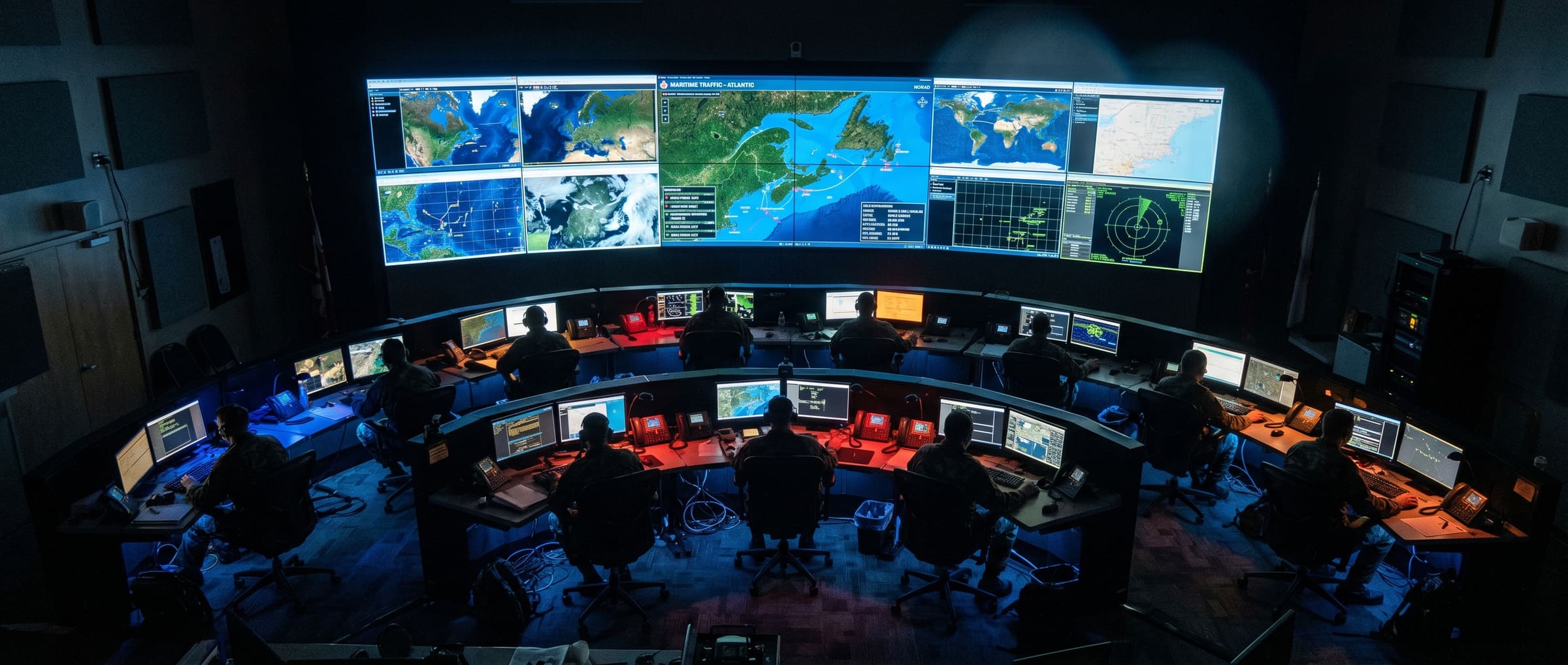 Watchfloor with maritime track displays at low light